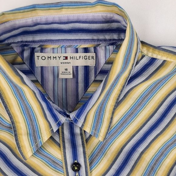 Tommy Hilfiger blouse womens 16 cotton double button diagonal stripe blue yellow - Picture 4 of 16